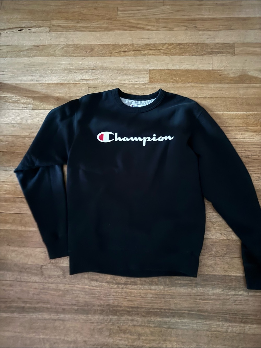 Champion Black Crewneck with White Script and Red Logo Accent